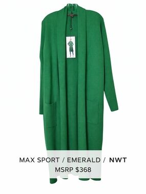 Max Sport Emerald Green Long Open Cardigan Duster Sweater NWT Size M Luxury Knit